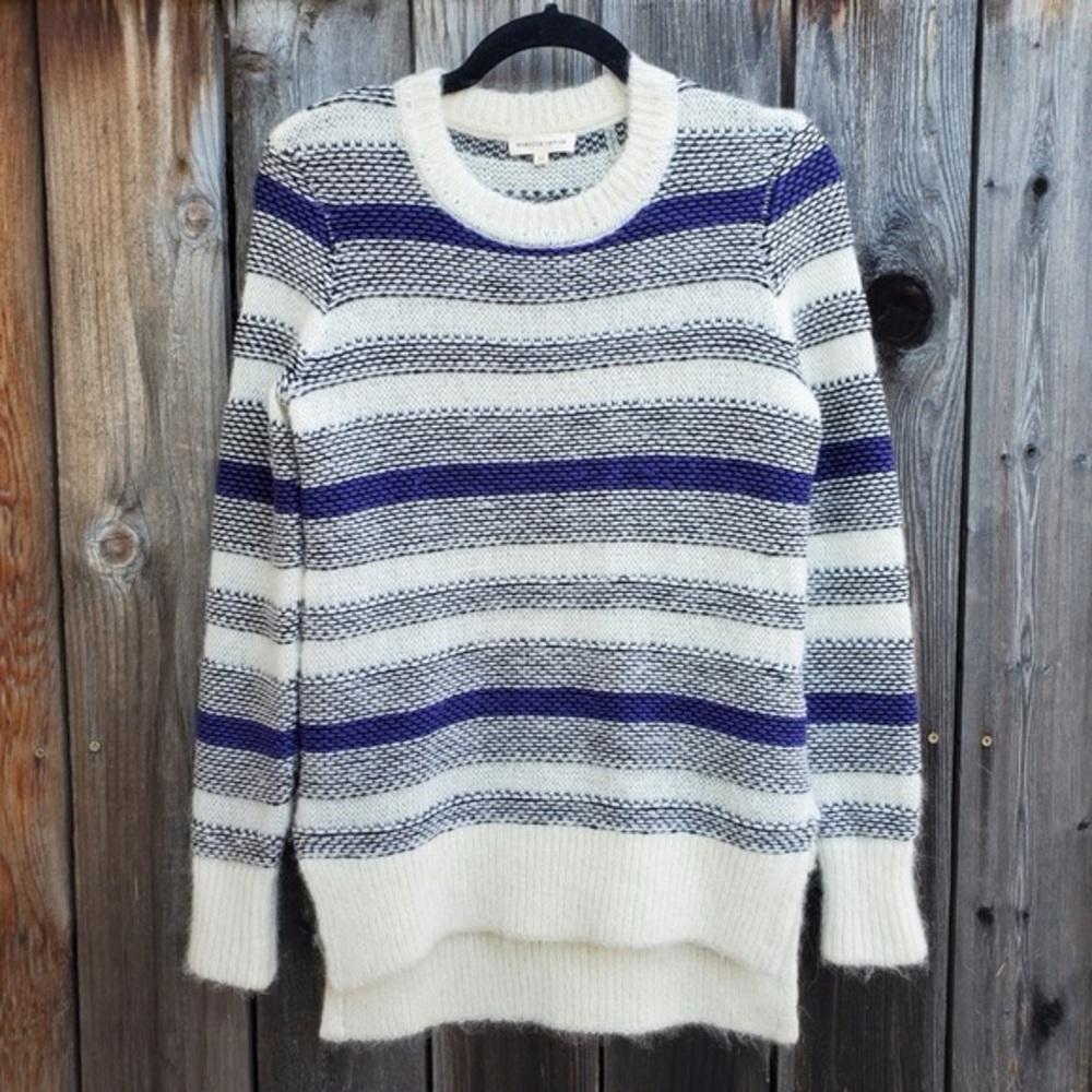 Rebecca Taylor Ivory Combo Long-Sleeve Luxe Fluff Striped Sweater